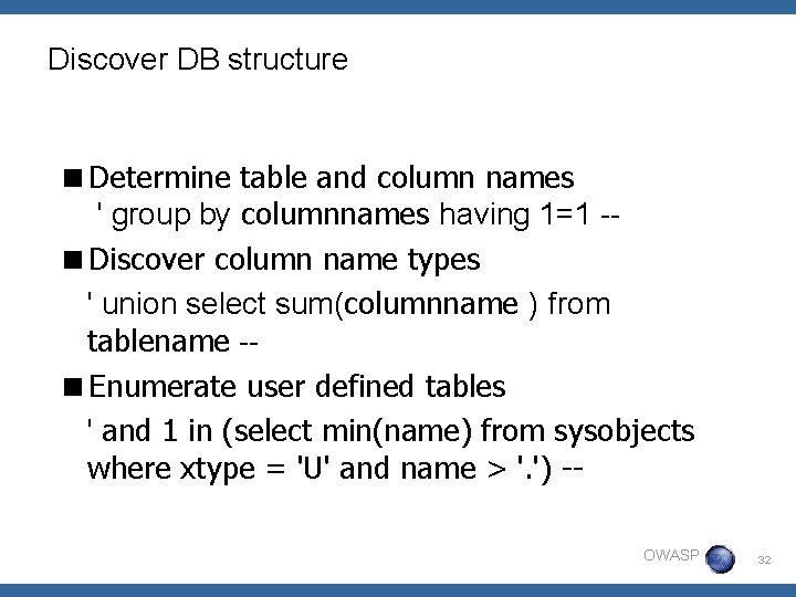 Discover DB structure <Determine table and column names ' group by columnnames having 1=1