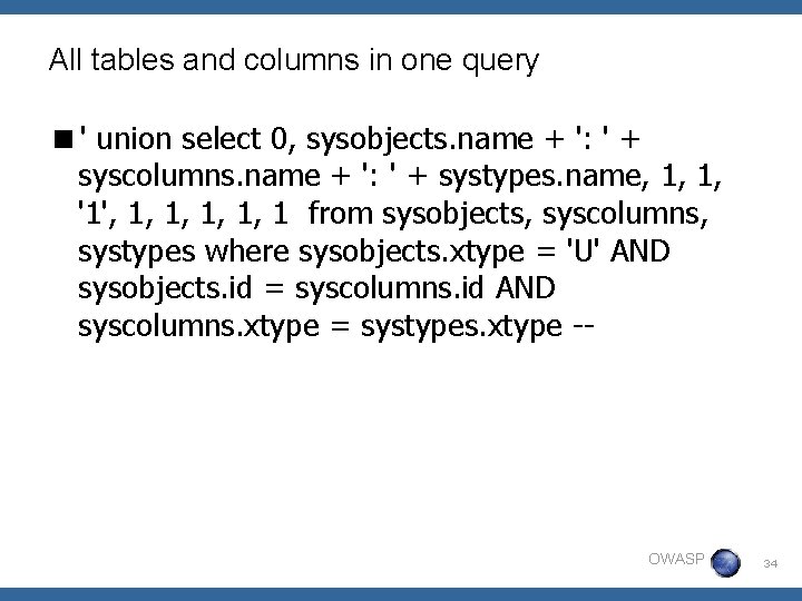 All tables and columns in one query <' union select 0, sysobjects. name +