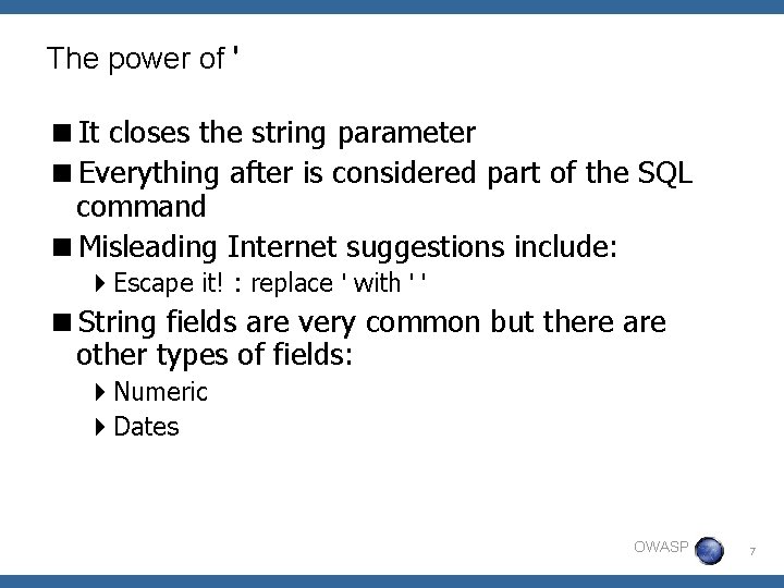 The power of ' <It closes the string parameter <Everything after is considered part