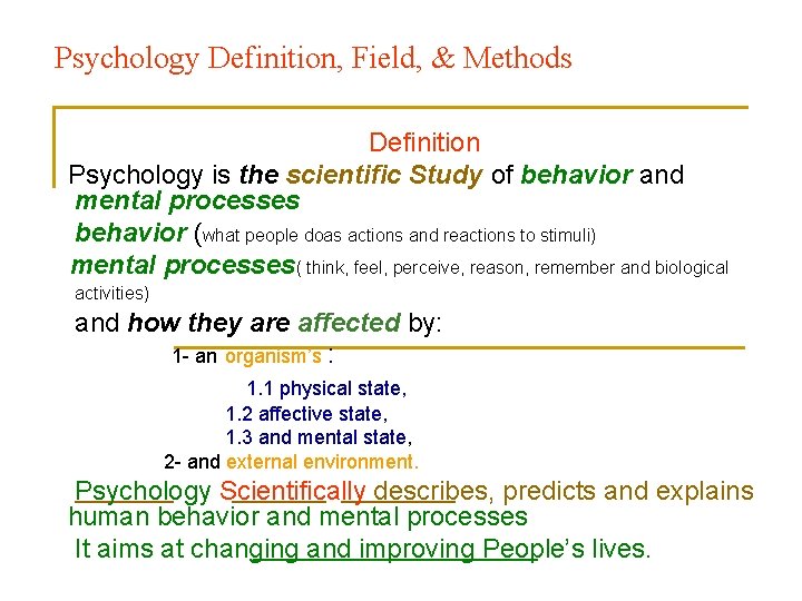 Psychology Definition, Field, & Methods Definition Psychology is the scientific Study of behavior and
