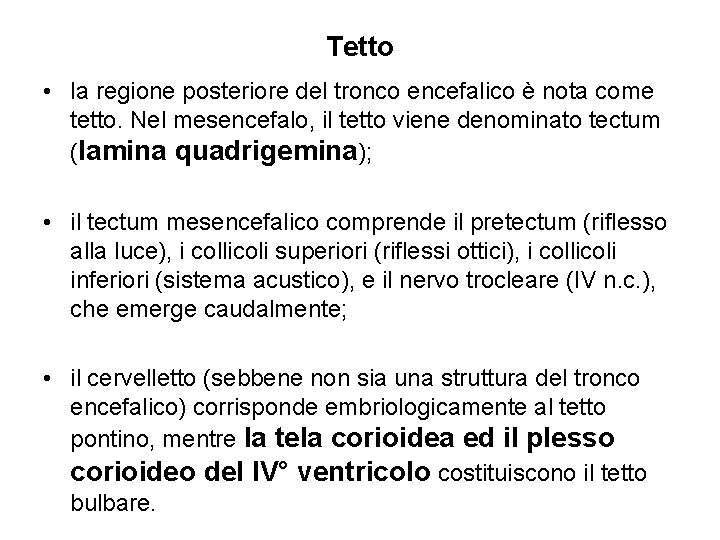 Tetto • la regione posteriore del tronco encefalico è nota come tetto. Nel mesencefalo,