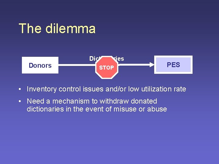 The dilemma Donors Dictionaries STOP PES • Inventory control issues and/or low utilization rate