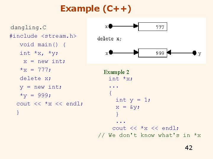 Example (C++) dangling. C #include <stream. h> void main() { int *x, *y; x Example (C++) dangling. C #include <stream. h> void main() { int *x, *y; x