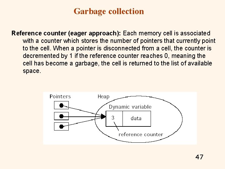 Garbage collection Reference counter (eager approach): Each memory cell is associated with a counter Garbage collection Reference counter (eager approach): Each memory cell is associated with a counter