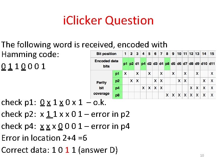 i. Clicker Question The following word is received, encoded with Hamming code: 0110001 check