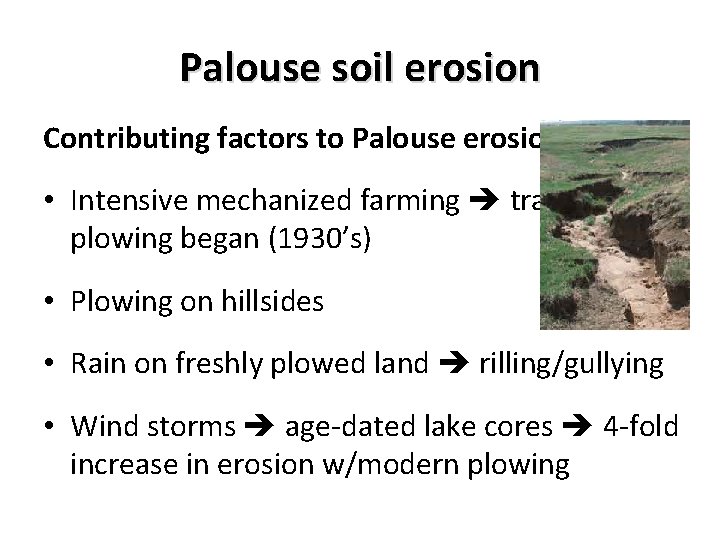 Palouse soil erosion Contributing factors to Palouse erosion? • Intensive mechanized farming tractor plowing