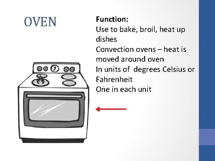 OVEN Function: Use to bake, broil, heat up dishes Convection ovens – heat is