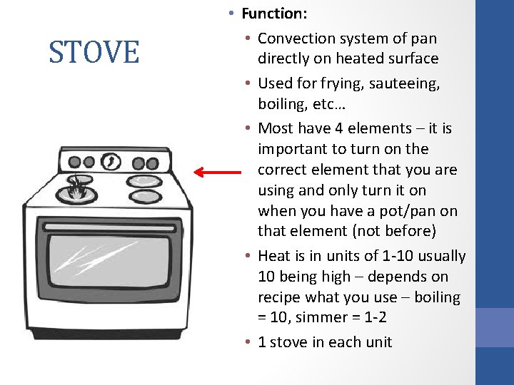 STOVE • Function: • Convection system of pan directly on heated surface • Used
