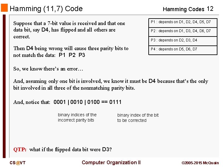 Hamming (11, 7) Code Hamming Codes 12 Suppose that a 7 -bit value is