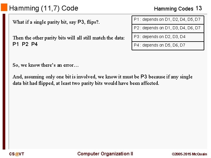 Hamming (11, 7) Code What if a single parity bit, say P 3, flips?