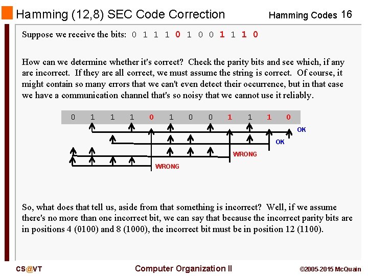 Hamming (12, 8) SEC Code Correction Hamming Codes 16 Suppose we receive the bits: