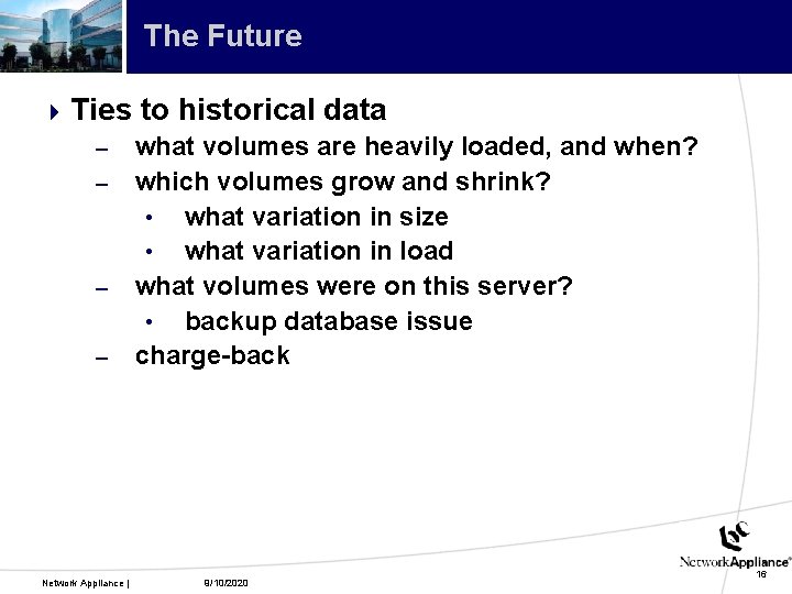 The Future 4 Ties – – Network Appliance | to historical data what volumes