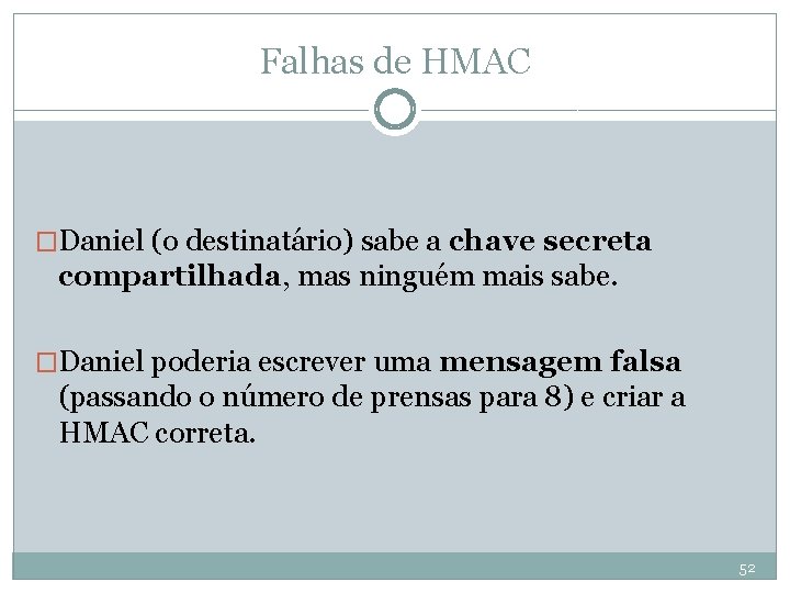 Falhas de HMAC �Daniel (o destinatário) sabe a chave secreta compartilhada, mas ninguém mais