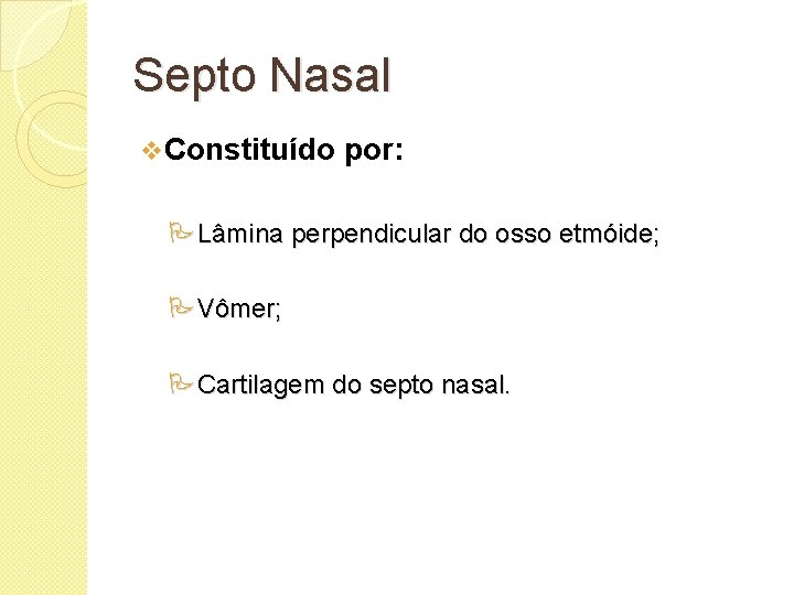 Septo Nasal v Constituído por: Lâmina perpendicular do osso etmóide; Vômer; Cartilagem do septo