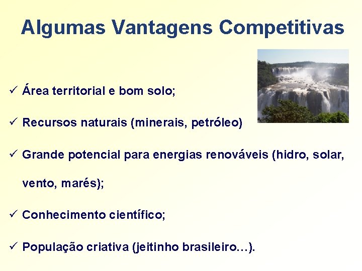 Algumas Vantagens Competitivas ü Área territorial e bom solo; ü Recursos naturais (minerais, petróleo)