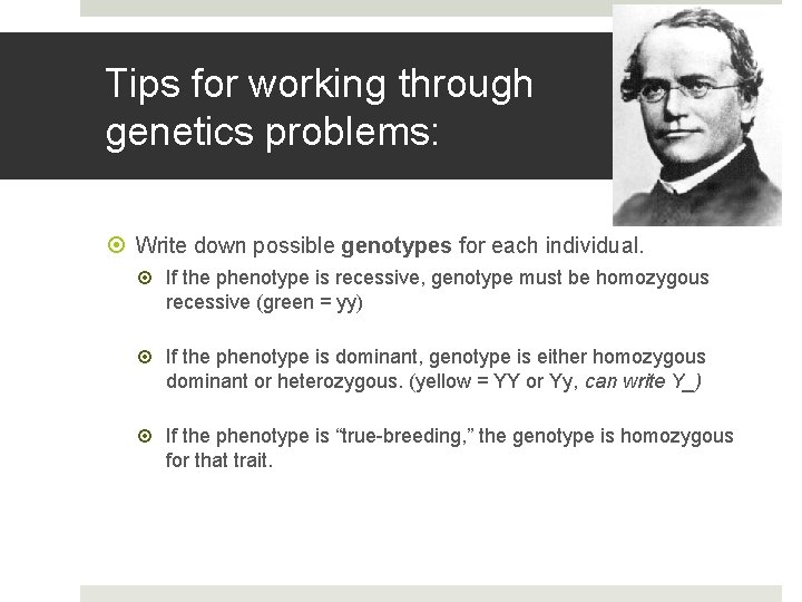 Tips for working through genetics problems: Write down possible genotypes for each individual. If