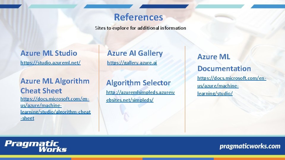 References Sites to explore for additional information Azure ML Studio Azure AI Gallery https: