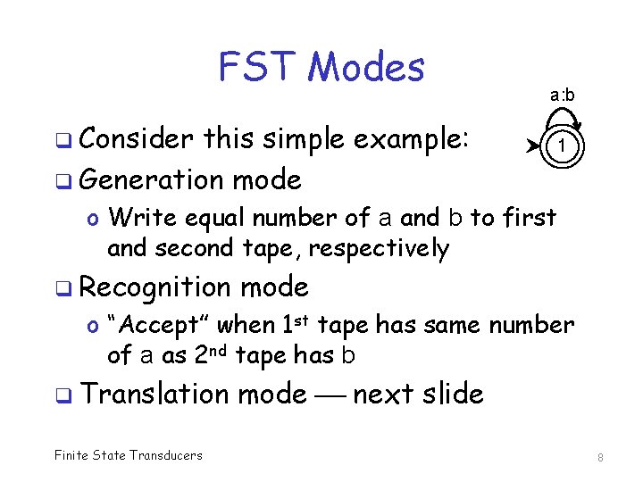 FST Modes a: b q Consider this simple example: q Generation mode 1 o