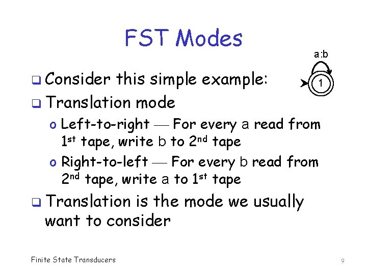 FST Modes q Consider this simple example: q Translation mode a: b 1 o