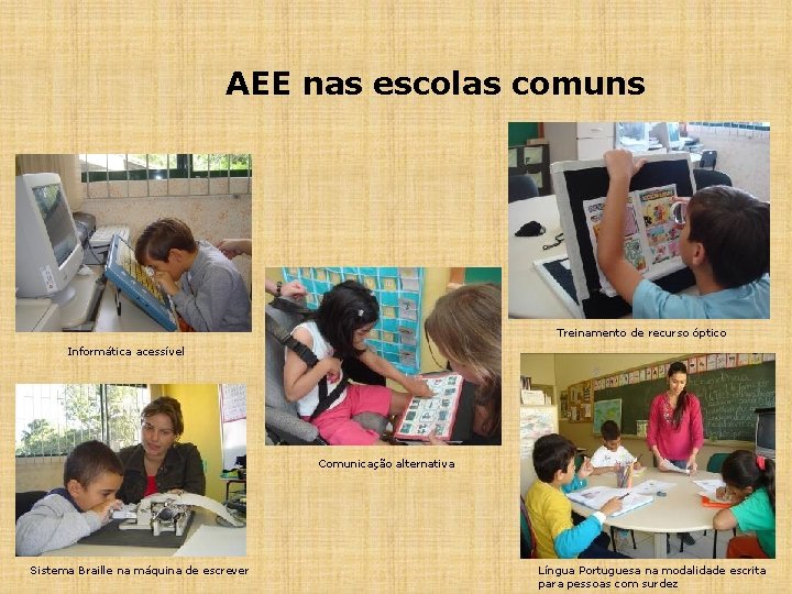 AEE nas escolas comuns Treinamento de recurso óptico Informática acessível Comunicação alternativa Sistema Braille