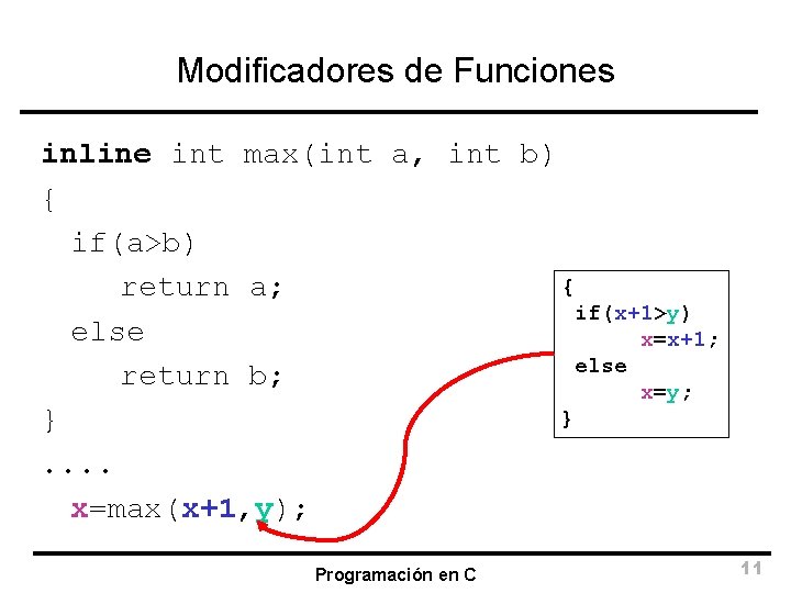 Modificadores de Funciones inline int max(int a, int b) { if(a>b) { return a;