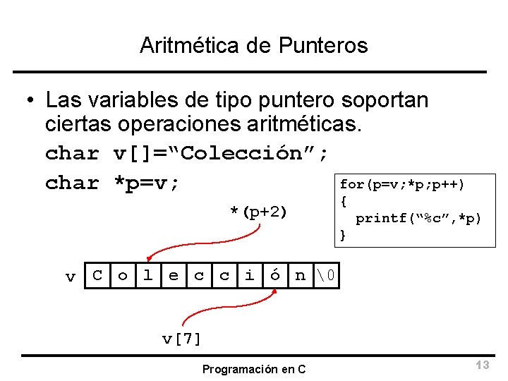 Aritmética de Punteros • Las variables de tipo puntero soportan ciertas operaciones aritméticas. char