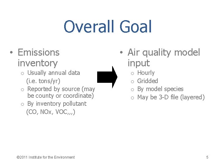 Overall Goal • Emissions inventory o Usually annual data (i. e. tons/yr) o Reported