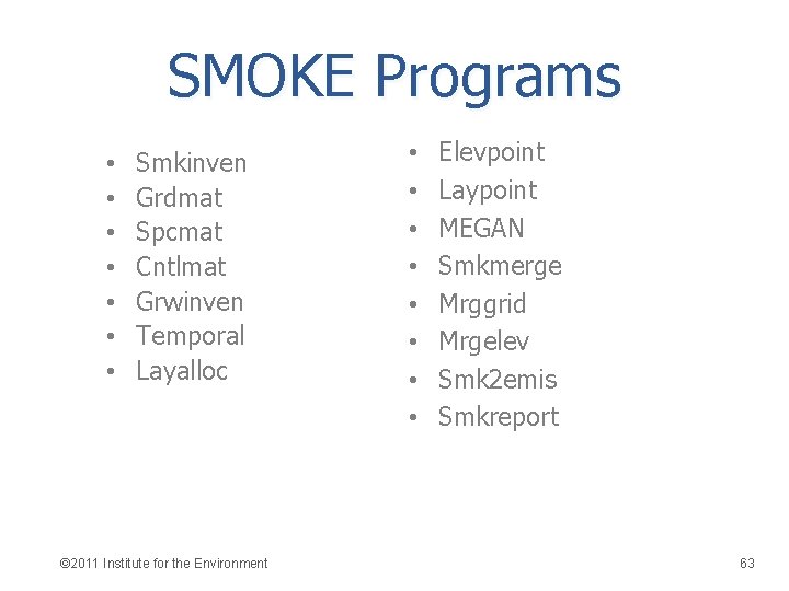 SMOKE Programs • • Smkinven Grdmat Spcmat Cntlmat Grwinven Temporal Layalloc © 2011 Institute