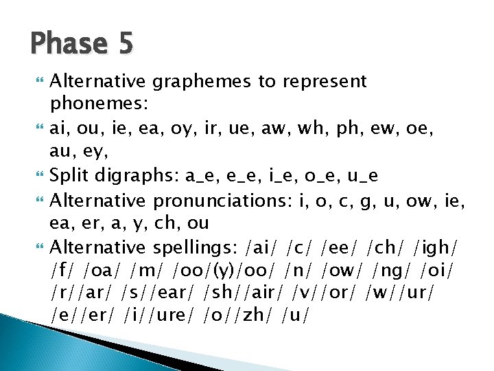 Phase 5 Alternative graphemes to represent phonemes: ai, ou, ie, ea, oy, ir, ue,