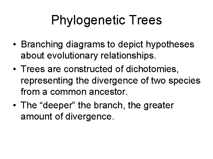 Phylogenetic Trees • Branching diagrams to depict hypotheses about evolutionary relationships. • Trees are