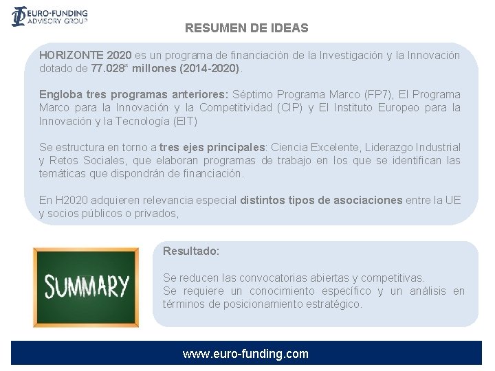 RESUMEN DE IDEAS HORIZONTE 2020 es un programa de financiación de la Investigación y