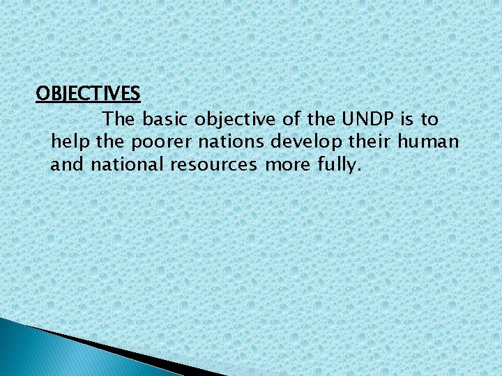 OBJECTIVES The basic objective of the UNDP is to help the poorer nations develop