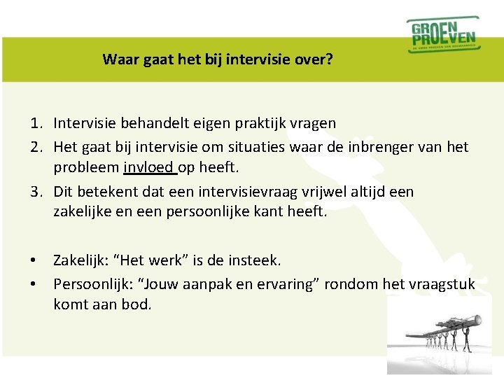 Waar gaat het bij intervisie over? 1. Intervisie behandelt eigen praktijk vragen 2. Het