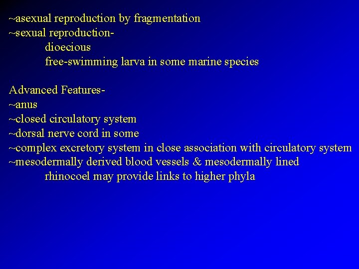 ~asexual reproduction by fragmentation ~sexual reproductiondioecious free-swimming larva in some marine species Advanced Features~anus