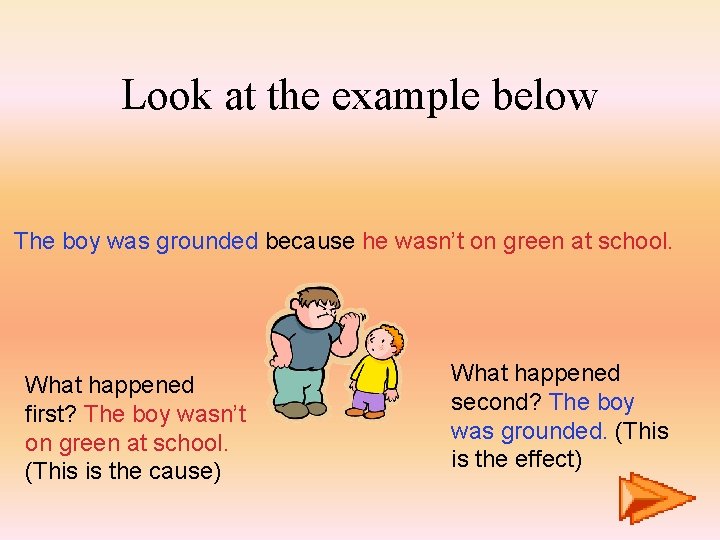 Look at the example below The boy was grounded because he wasn’t on green