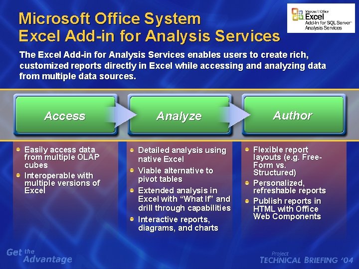Microsoft Office System Excel Add-in for Analysis Services The Excel Add-in for Analysis Services