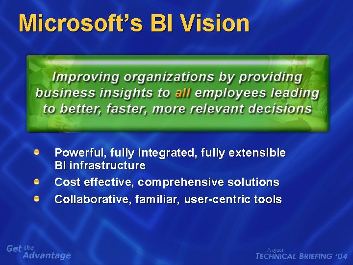 Microsoft’s BI Vision Powerful, fully integrated, fully extensible BI infrastructure Cost effective, comprehensive solutions