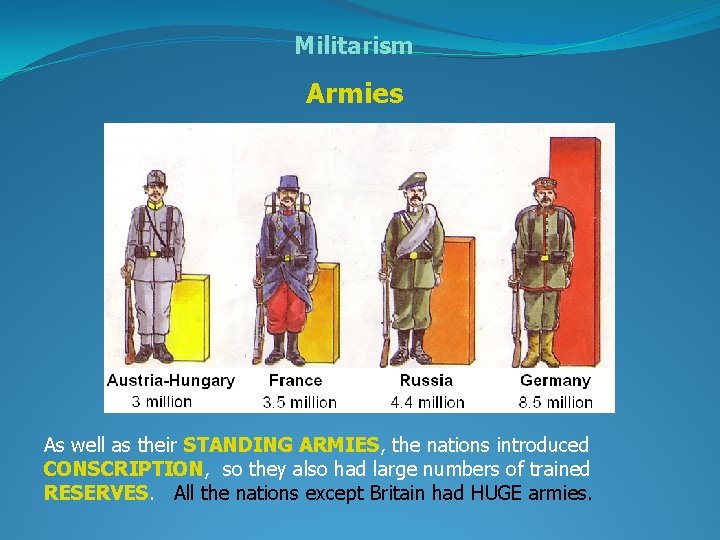 Militarism Armies As well as their STANDING ARMIES, the nations introduced CONSCRIPTION, so they