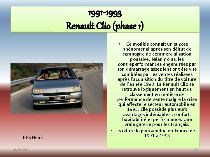 1991 -1993 Renault Clio (phase 1) Ce modèle connaît un succès phénoménal après son