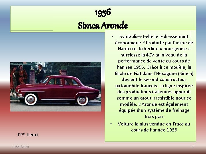 1956 Simca Aronde Symbolise-t-elle le redressement économique ? Produite par l’usine de Nanterre, la