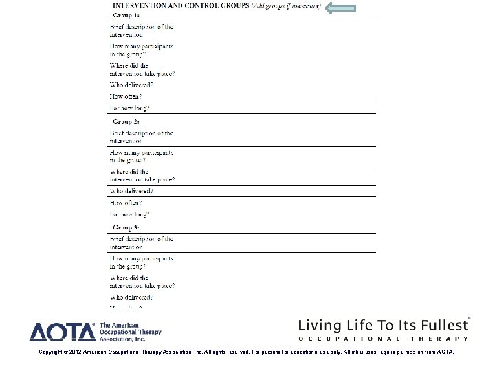  Copyright © 2012 American Occupational Therapy Association, Inc. All rights reserved. For personal