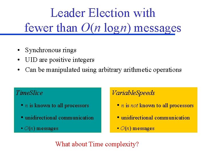 Leader Election with fewer than O(n log n) messages • Synchronous rings • UID