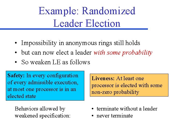 Example: Randomized Leader Election • Impossibility in anonymous rings still holds • but can