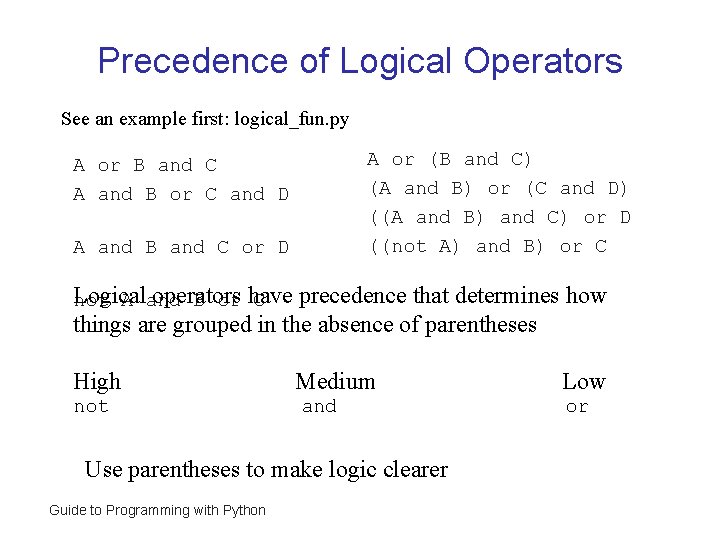 Precedence of Logical Operators See an example first: logical_fun. py A or (B and