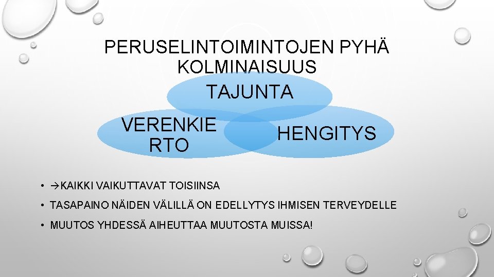 PERUSELINTOIMINTOJEN PYHÄ KOLMINAISUUS TAJUNTA VERENKIE RTO HENGITYS • KAIKKI VAIKUTTAVAT TOISIINSA • TASAPAINO NÄIDEN