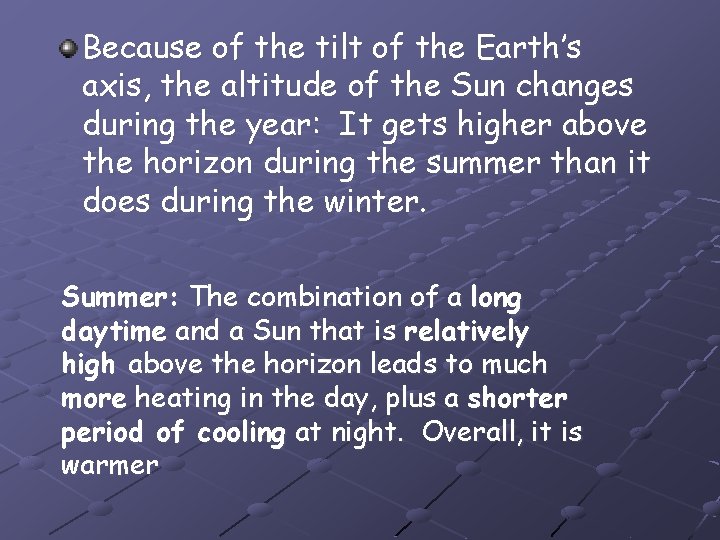 Because of the tilt of the Earth’s axis, the altitude of the Sun changes