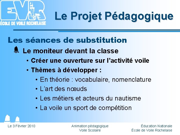 Le Projet Pédagogique Les séances de substitution Le moniteur devant la classe • Créer