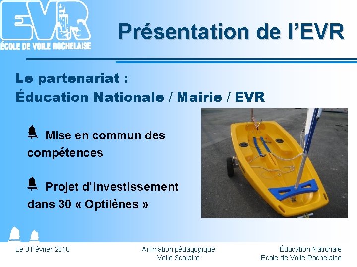 Présentation de l’EVR Le partenariat : Éducation Nationale / Mairie / EVR Mise en